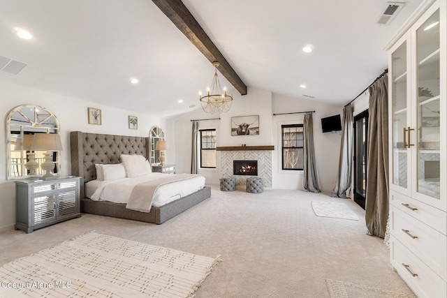 1853 W Felton Dr, Coeur Dalene, ID 83814 - bedroom featuring vaulted ceiling with beams, recessed lighting, light carpet, visible vents, and a tiled fireplace