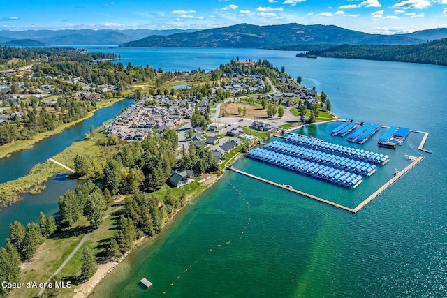 drone / aerial view with a water and mountain view