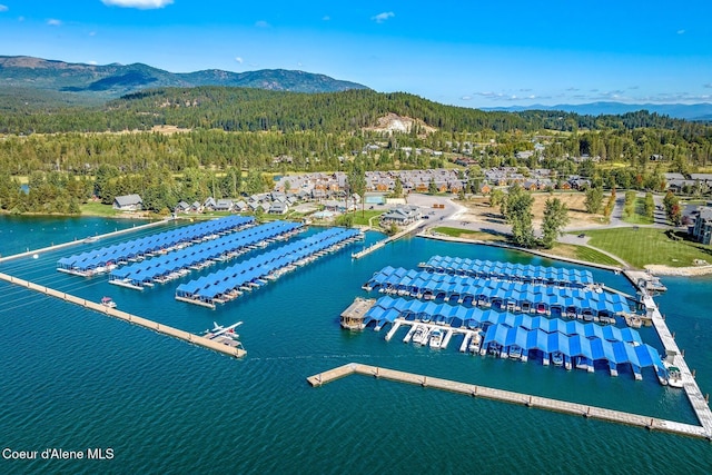 aerial view with a view of trees and a water and mountain view