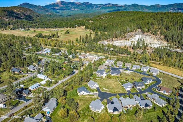 aerial view featuring a forest view, a mountain view, and a residential view