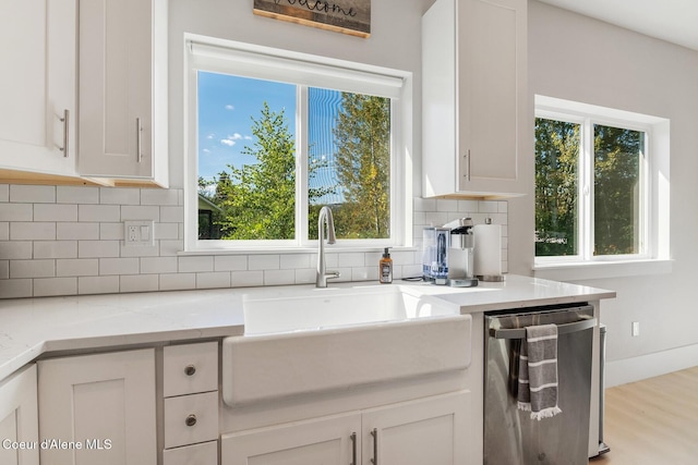 kitchen with a sink, stainless steel dishwasher, and a healthy amount of sunlight