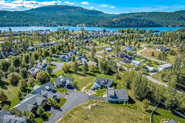 aerial view featuring a view of trees, a water and mountain view, and a residential view