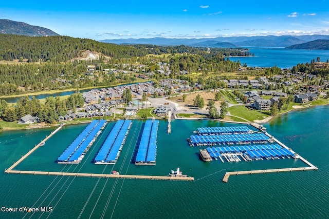 drone / aerial view featuring a forest view and a water and mountain view