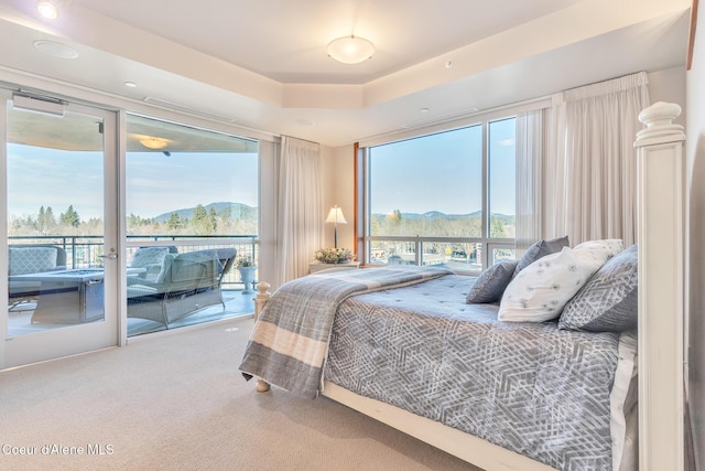 bedroom featuring access to outside, carpet, a raised ceiling, and a mountain view