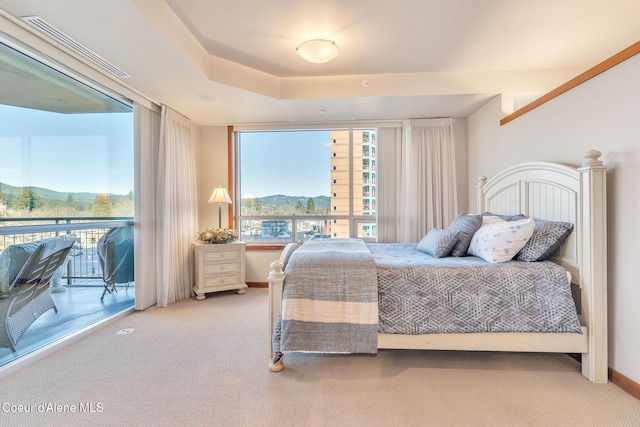 carpeted bedroom featuring access to exterior, a raised ceiling, multiple windows, and baseboards