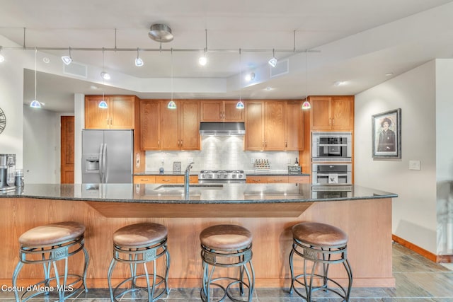 kitchen featuring decorative backsplash, appliances with stainless steel finishes, a sink, dark stone counters, and under cabinet range hood