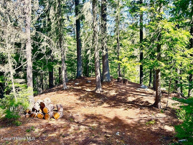 view of landscape featuring a forest view