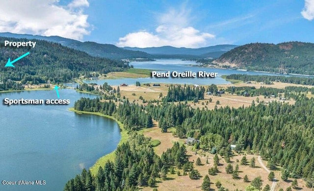 birds eye view of property featuring a wooded view and a water and mountain view