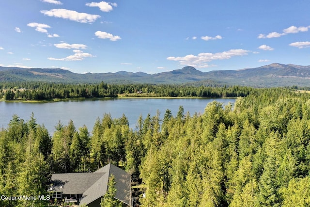 drone / aerial view featuring a forest view and a water and mountain view