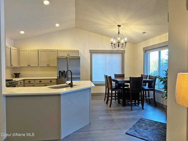 kitchen featuring lofted ceiling, appliances with stainless steel finishes, dark wood-style flooring, light countertops, and a sink