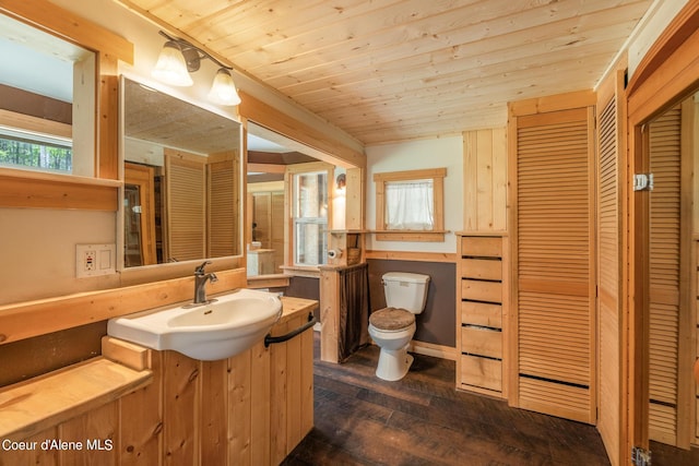 bathroom featuring a closet, toilet, wood ceiling, vanity, and hardwood / wood-style floors