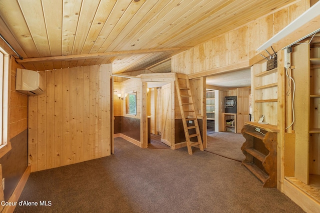 carpeted spare room featuring wood ceiling, wooden walls, and a wall mounted AC