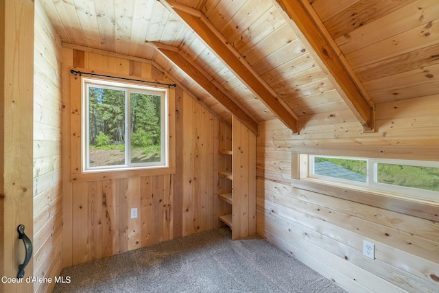 bonus room featuring wood walls, carpet, and wood ceiling