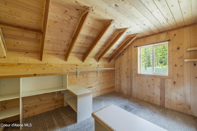 bonus room with a sauna, wood ceiling, wooden walls, and carpet flooring