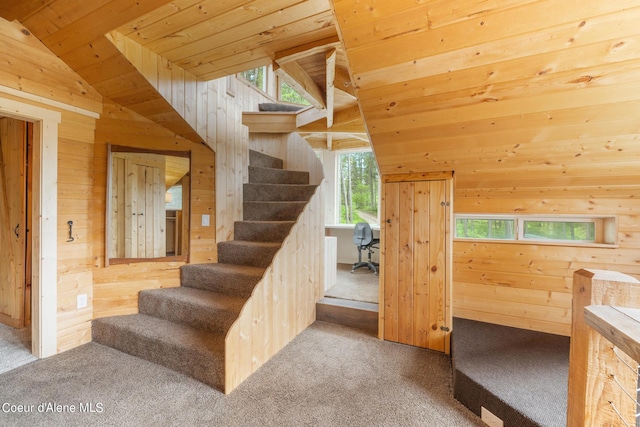 stairs with lofted ceiling, wood ceiling, wooden walls, and carpet flooring