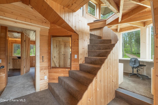 stairway featuring carpet floors, wood walls, wooden ceiling, and vaulted ceiling