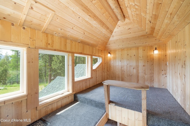 interior space with lofted ceiling, wood ceiling, and wooden walls