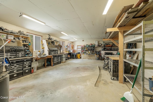 garage with a workshop area