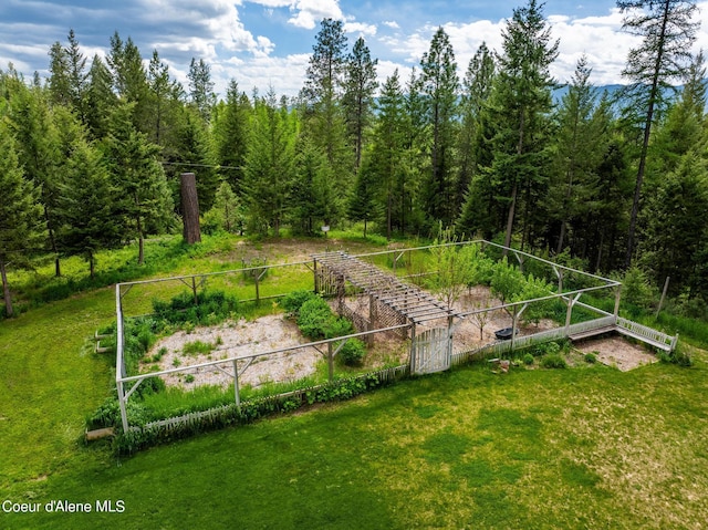 view of yard featuring fence and a forest view