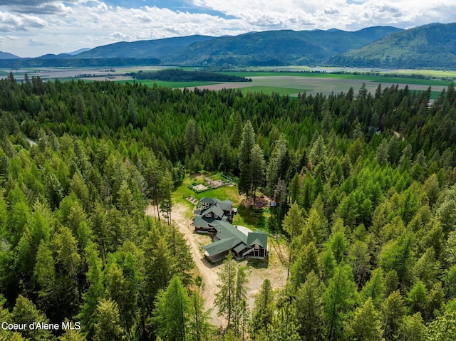 bird's eye view with a mountain view and a view of trees