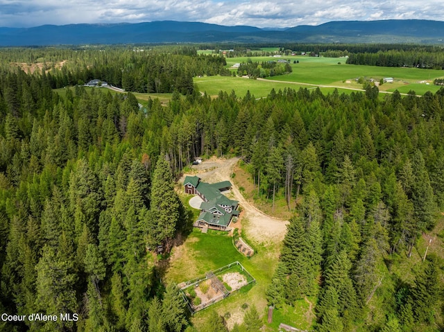 aerial view featuring a mountain view and a view of trees