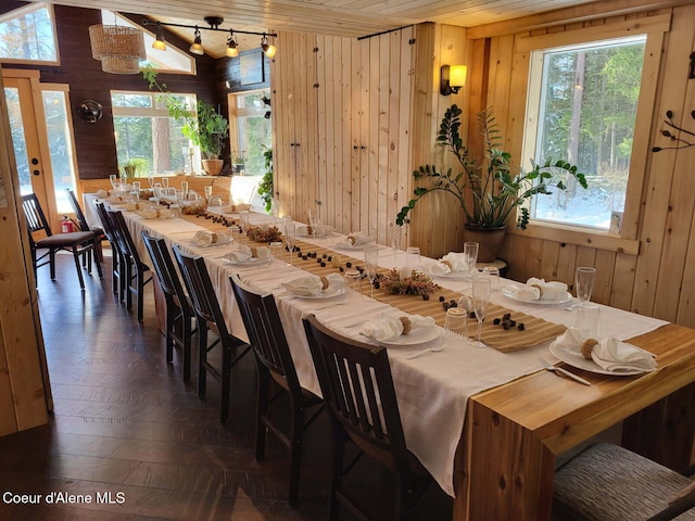 dining room featuring track lighting and wooden walls