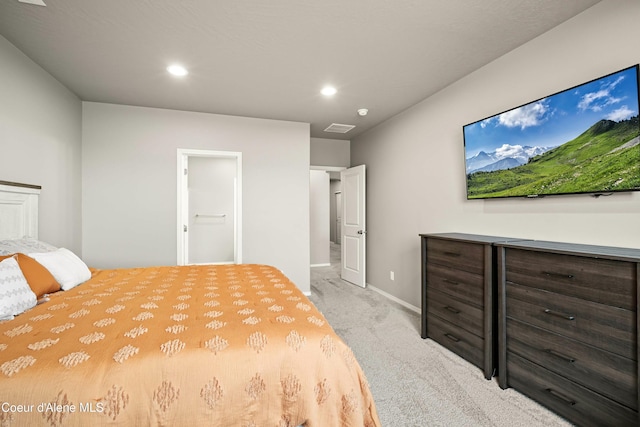 carpeted bedroom with baseboards, visible vents, and recessed lighting