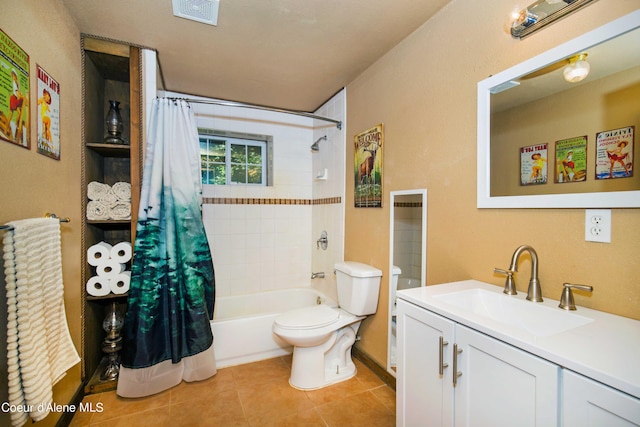 bathroom with tile patterned flooring, toilet, shower / tub combo, vanity, and visible vents