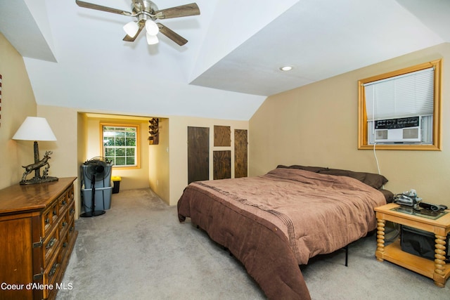 bedroom featuring cooling unit, light colored carpet, vaulted ceiling, and ceiling fan