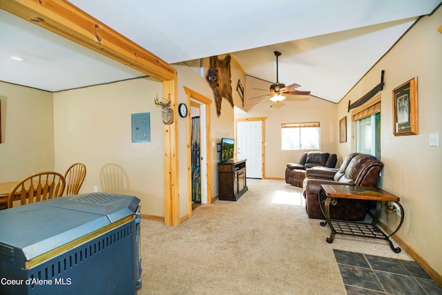 living room featuring carpet, lofted ceiling, a ceiling fan, electric panel, and baseboards