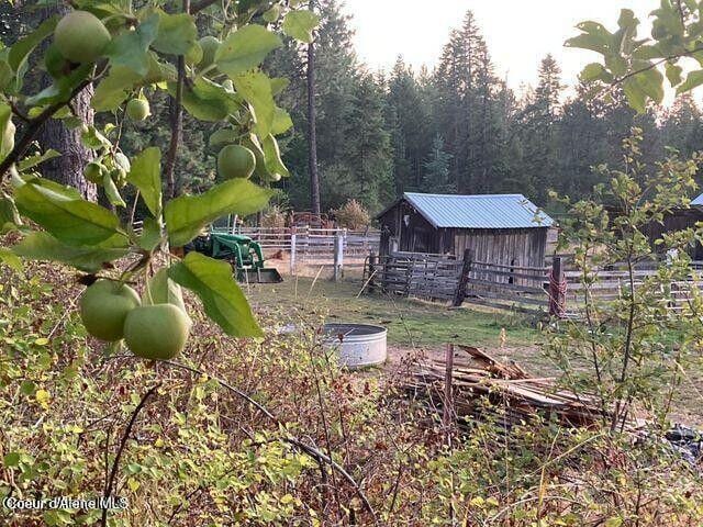 view of yard featuring fence and an outdoor structure