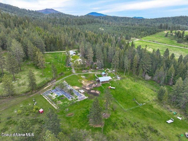 aerial view featuring a mountain view and a view of trees