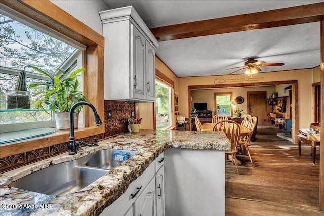 kitchen featuring dark wood-style flooring, a peninsula, light stone countertops, white cabinetry, and a sink