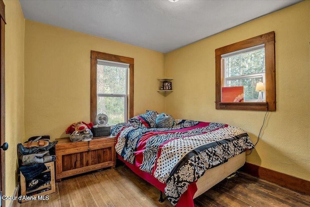 bedroom featuring wood-type flooring, multiple windows, and baseboards