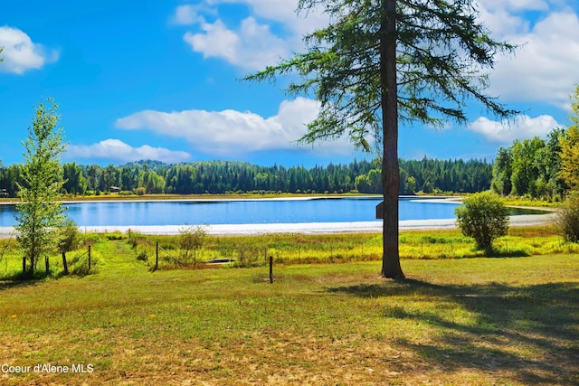 view of pool featuring a water view, a wooded view, and a yard