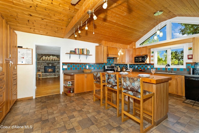 kitchen with wooden ceiling, a sink, black appliances, open shelves, and tasteful backsplash