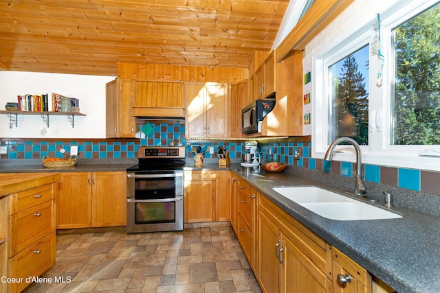 kitchen featuring open shelves, wood ceiling, a sink, black microwave, and double oven range