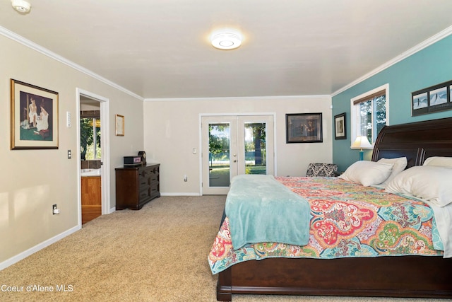 bedroom with baseboards, access to exterior, carpet, crown molding, and french doors