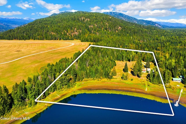 bird's eye view featuring a wooded view and a water and mountain view