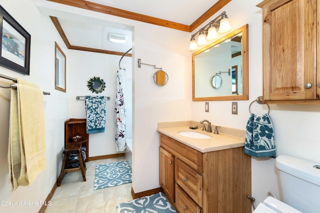 full bathroom featuring toilet, vanity, baseboards, ornamental molding, and shower / tub combo with curtain