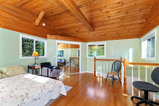 bedroom featuring lofted ceiling with beams, wooden ceiling, and wood finished floors