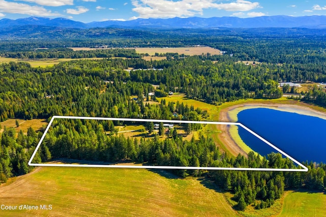 birds eye view of property featuring a wooded view and a water and mountain view