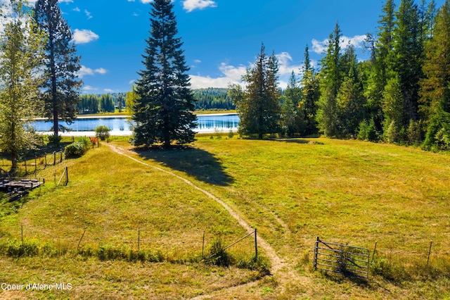 view of yard featuring a water view, a forest view, and fence