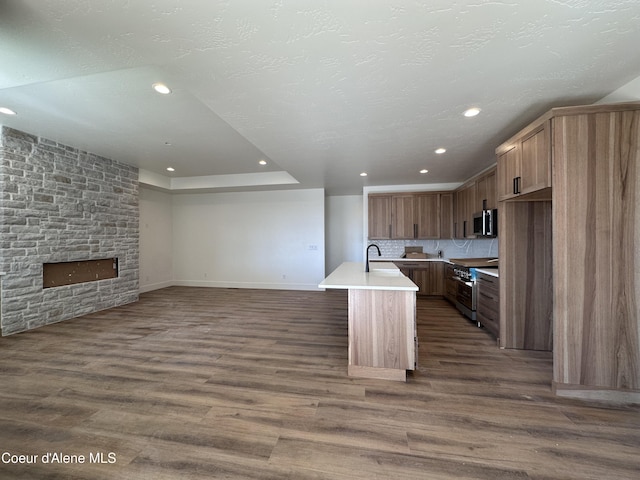 kitchen with appliances with stainless steel finishes, dark wood-style flooring, a sink, and a stone fireplace