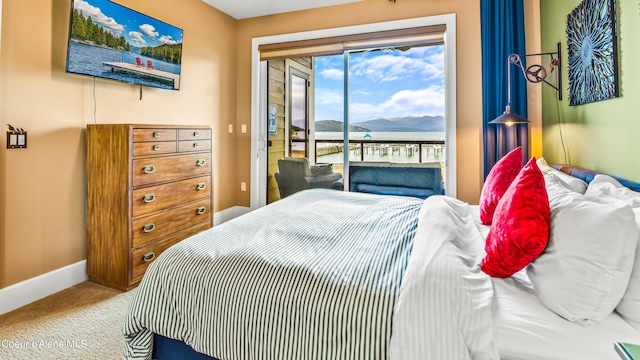 bedroom featuring carpet floors, access to outside, and baseboards