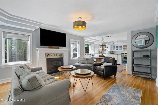 living room featuring light wood-style flooring, a fireplace, and baseboards