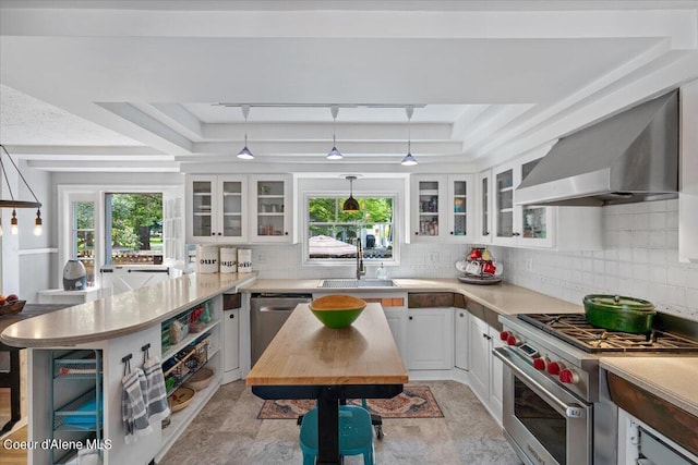 kitchen with wall chimney exhaust hood, appliances with stainless steel finishes, a sink, and white cabinets