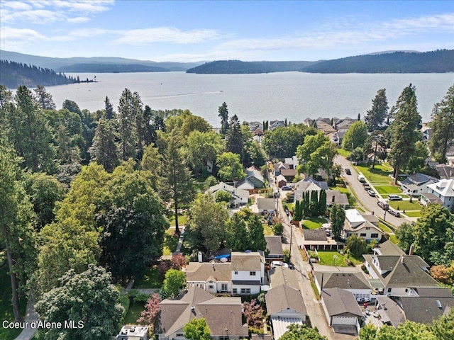 aerial view featuring a water view and a residential view