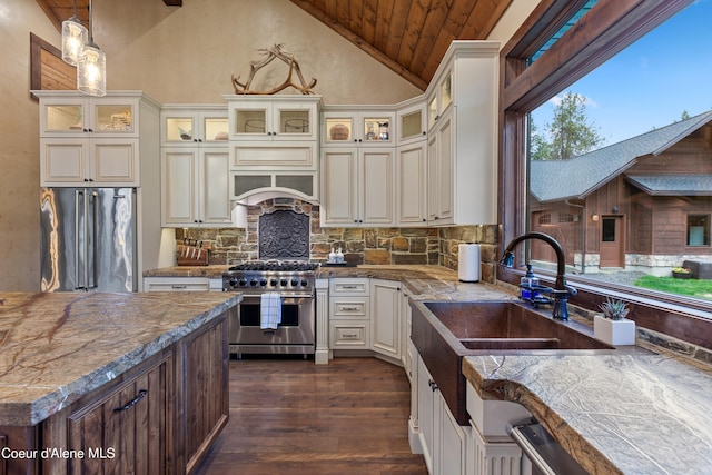 kitchen with premium appliances, backsplash, dark wood-style flooring, vaulted ceiling, and a sink