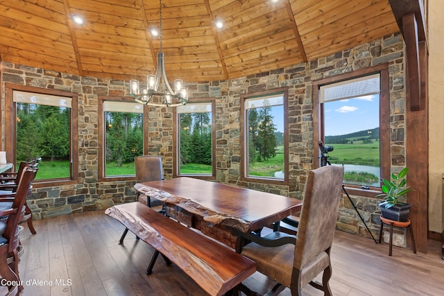 dining area featuring wooden ceiling, a notable chandelier, high vaulted ceiling, and hardwood / wood-style floors